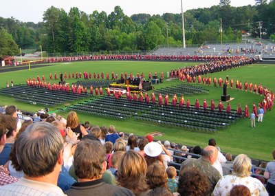 A birds-eye view of a highschool graduation ceremony.