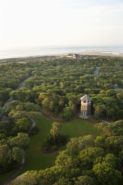 An aerial view of the ocean and the forest on the coast in North Carolina.