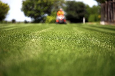 Adult sitting on tractor mower in distance