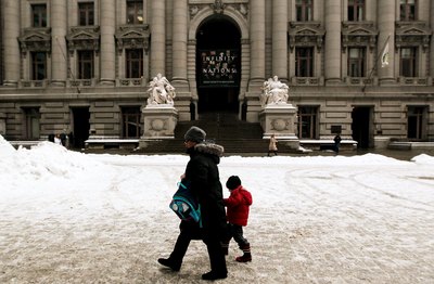 Outside the Custom House in New York City in the winter