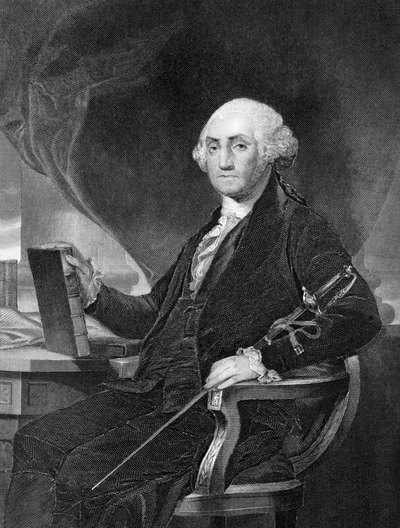 Black and white portrait of George Washington.
