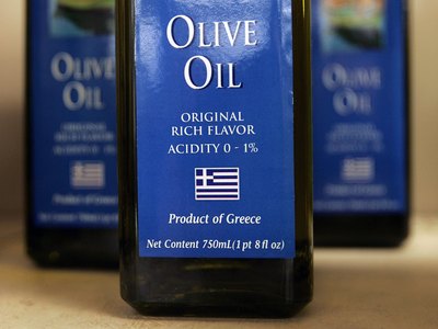 Bottles of imported greek olive oil