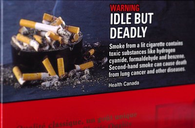 Graphic health warning label attached to cigarette boxes and packs in Canada