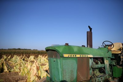 John Deere tractor next to crops