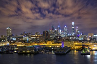 Night view of the skyline of Philadelphia and shipping port