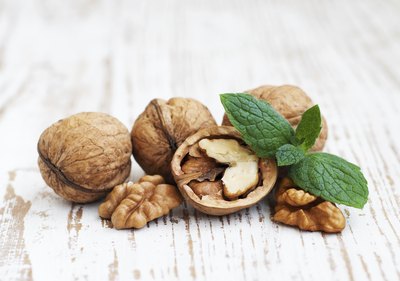 Walnuts on table top.