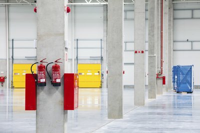 Fire extinguishers in warehouse.