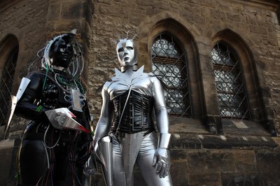 Cybergoths pose outside of church in Leipzig, Germany