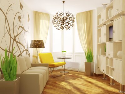 A contemporary white room with a yellow accent.