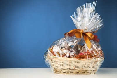 Small gift basket in front of blue wall