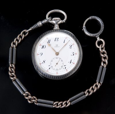 An Omega Silver Niello open face pocket watch