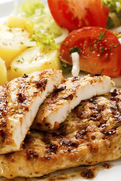 Close-up of grilled chicken and vegetables