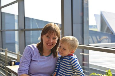 Mother and son at airport.