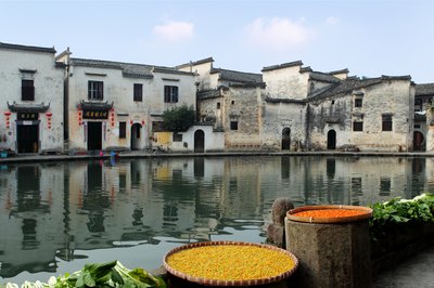 Residential houses along water in China.