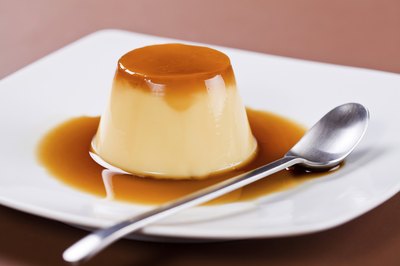 Flan on a plate with a spoon.
