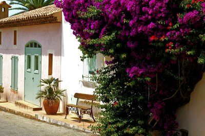 The front of a Mediterranean style home with a pastel color scheme.