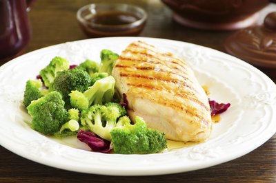 Plate of grilled chicken and broccoli.