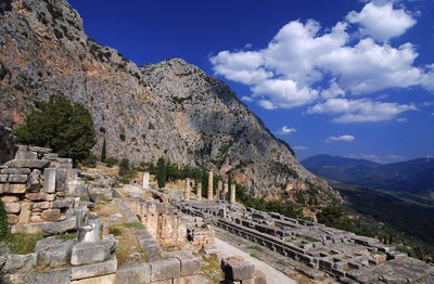 Delphi ruins on the spur of Mount Parnassus in the valley of Phocis