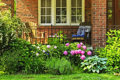Front of home with chairs and garden