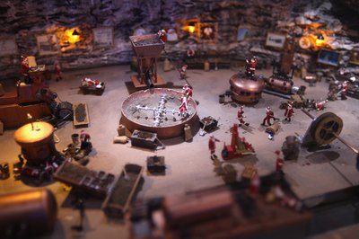 Close-up view of miniture Santa Claus workshop