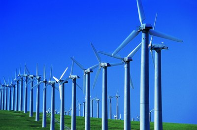 A row of wind turbines.