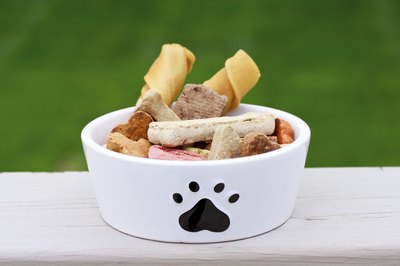 Biscuits and bones in a dog food dish.