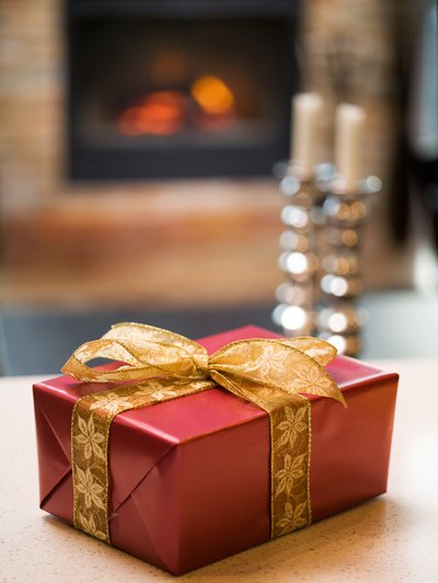 A wrapped gift box on a table.