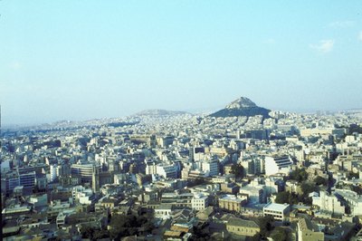 Cityscape of Athens with view of Mount Hymettus