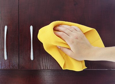 Melamine typically wipes clean with a damp cloth
