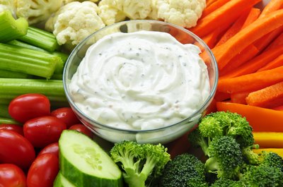 Close-up of a vegetable plate with dip