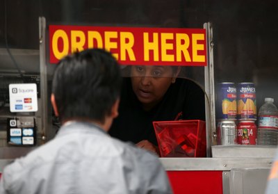 Lunch wagon winder with "Order Here" sign