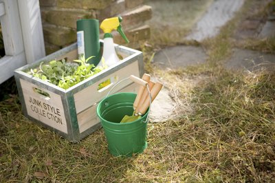 Gardening supplies in a wooden crate outdoors.