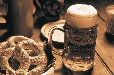 Classic Oktoberfest foods like a sausage in a thick bun go perfectly with beer.