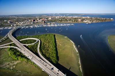 Aerial view of a bridge over Ashley River, Charleston, South Carolina.