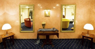 This entrance is painted with tans and gold tones without being too overpowering
