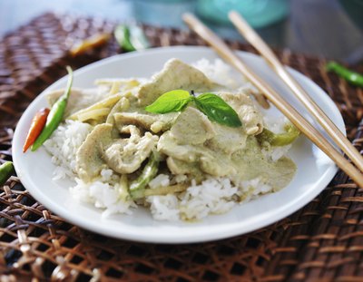 Thai green curry with Thai basil on top.