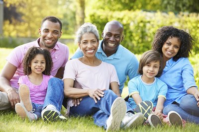 Family taking family portrait on grass