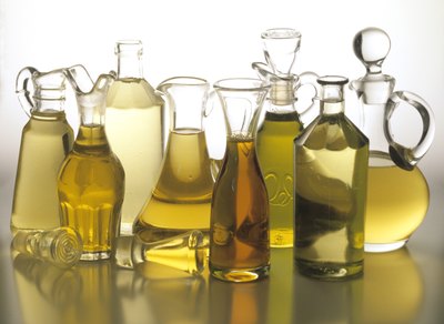 Assorted oils in bottles.