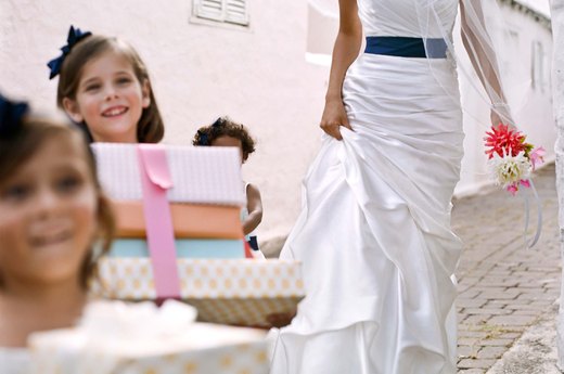 Bridal Trend #3: Ruched Gown with Tiering and a Pop of Color