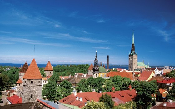 Medieval buildings and cobblestone streets hark back to medieval times in Tallinn, Estonia.
