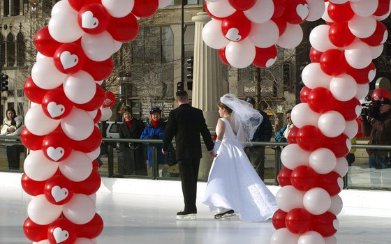 Newlyweds share the love at Millennium Park's ice rink.