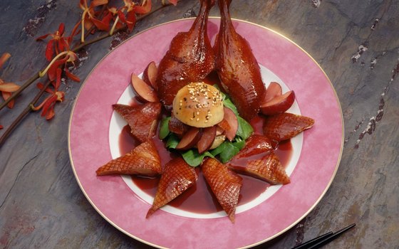 Peking duck is specially prepared so as to have a tender interior and a crunchy outer skin.