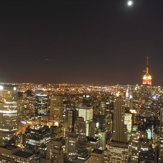 The New York City skyline lit up at night