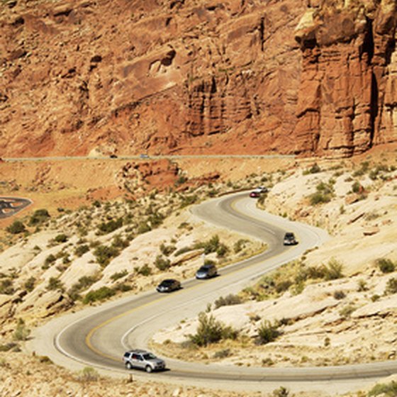 Traffic on a winding scenic road.