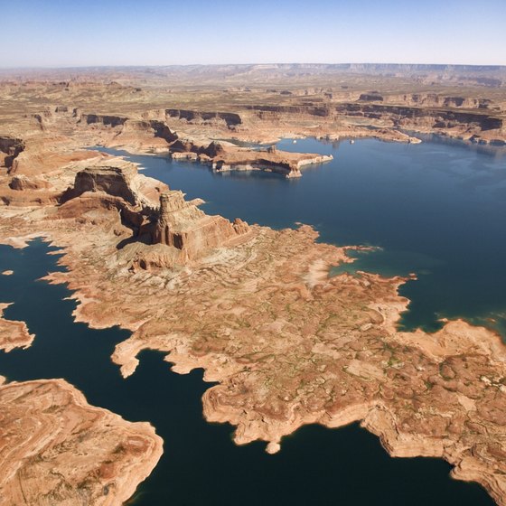 The narrow canyons of Lake Powell can be seen from the air.