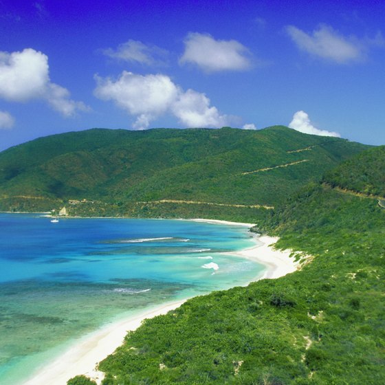 Rolling green hills bordering white sand on Savannah Beach is a favorite spot in the British Virgin Islands.