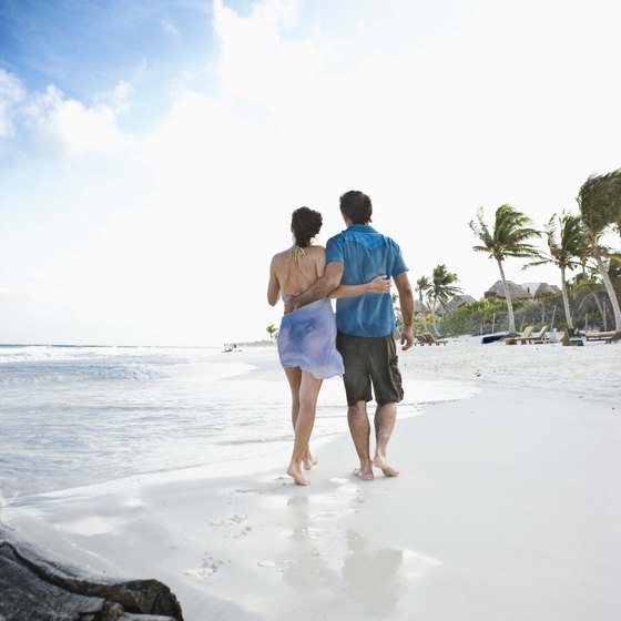 The white sand beaces of the Mayan Riviera are backed by tropical forest and lined with upscale resorts.