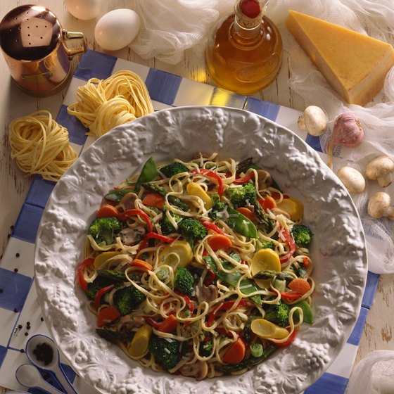 Actually an American invention, pasta primavera consists of pasta mixed with fresh vegetables.