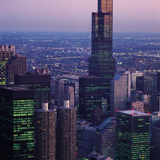 The Willis Tower looms above the other skyscrapers in downtown Chicago, Illinois.