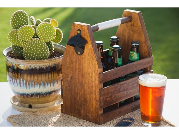 Completed wooden beer caddy.